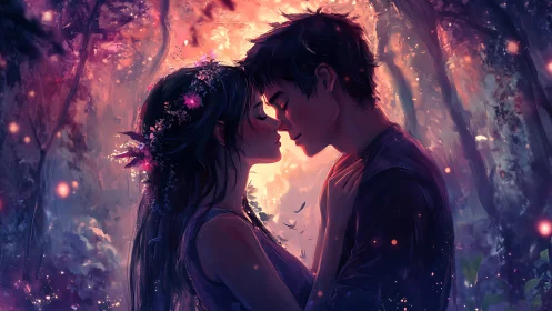 Lovers in Glowing Forest at Sunset.