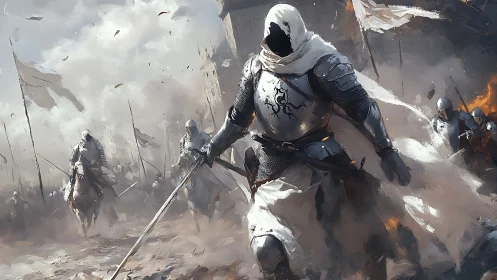 Hooded knight leads armored charge through burning siege field