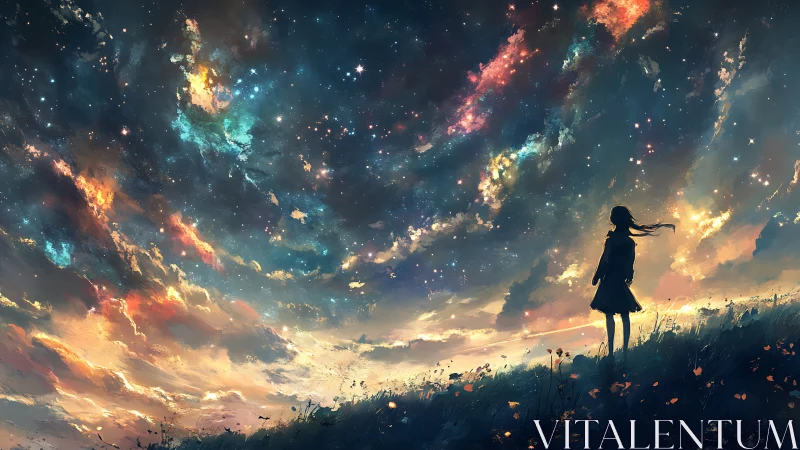 Silhouetted figure under swirling nebula sky at twilight.