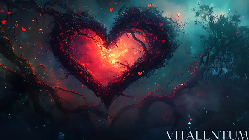 Luminous Heart Blooms Within Gnarled Branches of Magic