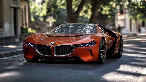 Orange BMW supercar glides through a shaded city street