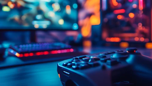 Photorealistic RGB gaming controller with blurred battlestation background.