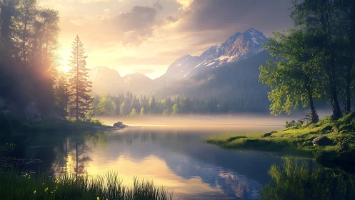 Mountain lake reflects misty forest and sunrise light
