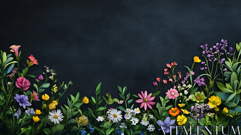 Color-drenched wildflower border on dark textured backdrop.