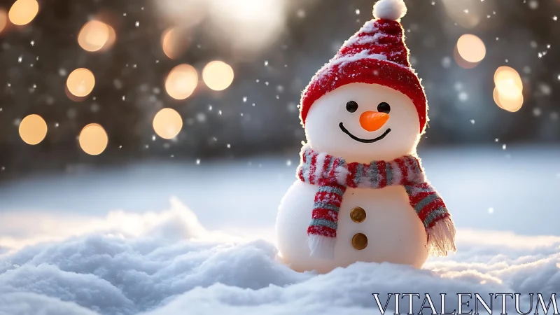 Festive snowman in red hat and scarf under winter lights.