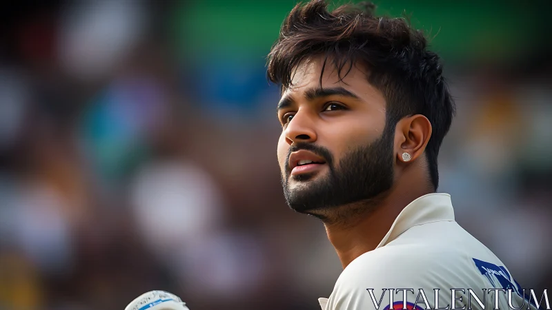 Cricketer in white kit looking up during match play.