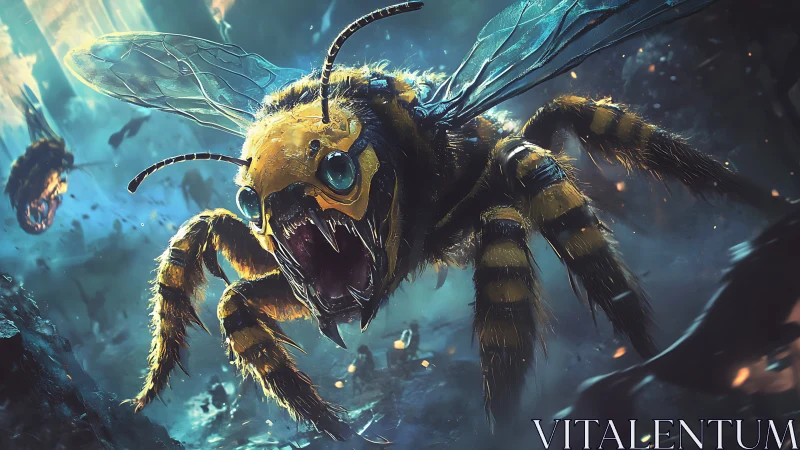 Giant cybernetic hornet creature in dynamic aerial attack.