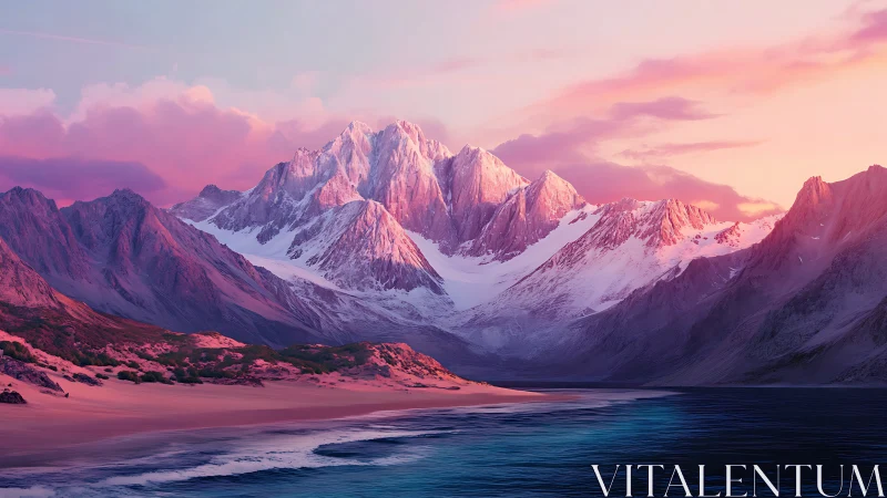 Twilight glaciers lean over rose-tinted dunes that kiss teal seas