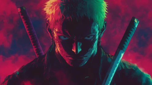 Fierce swordsman framed in neon stormlight stands unshaken.