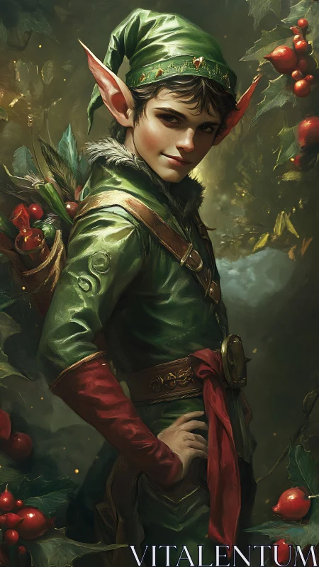 Confident holiday elf surrounded by bright winter berries.