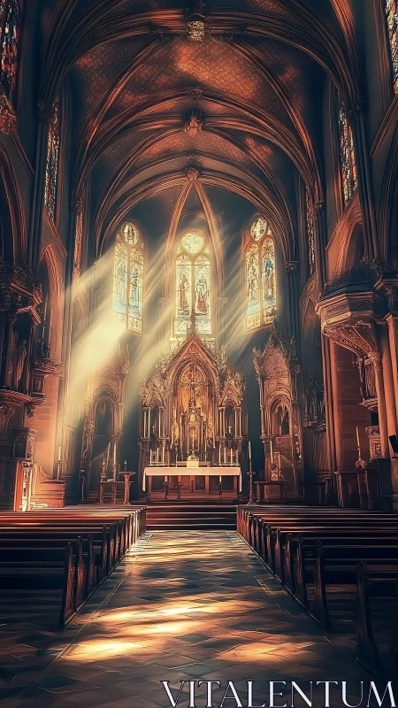 Sunlit gothic sanctuary where stained glass weaves silent fire.