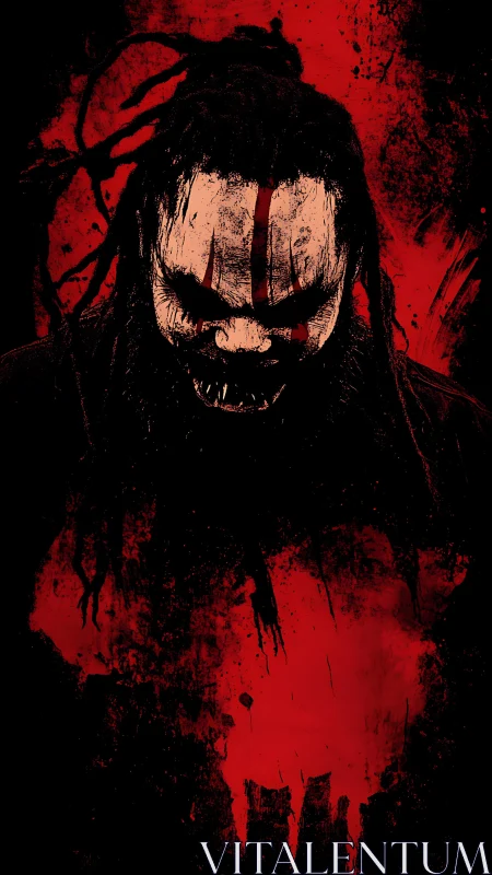 Masked figure with dreadlocks is rendered in red and black contrast