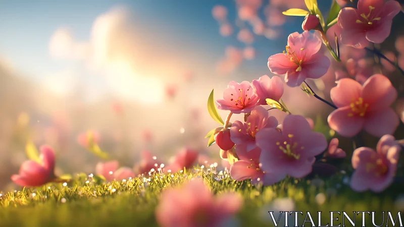 Pink Blossoms Bathed in Golden Sunlight Garden Scene