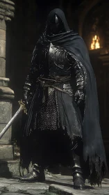 Hooded gothic knight rendered in high-detail digital armor study.