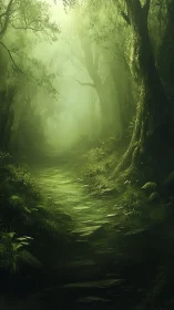 Mystical Forest Path Through Luminous Mist.