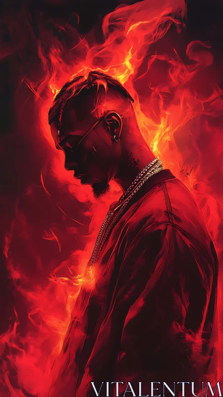 Silhouetted man in red flames with intense dramatic lighting.