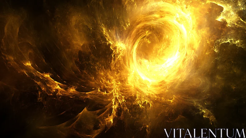 Golden cosmic vortex swirls through luminous dark void.