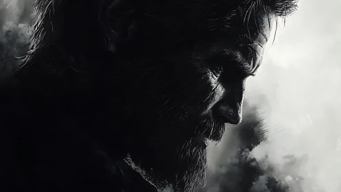 Brooding bearded warrior emerges from stormy monochrome clouds.