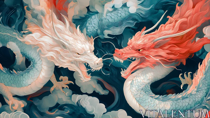 Opposed twin dragons rendered with layered scales and turbulent clouds