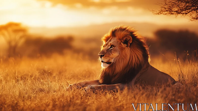 Golden-hour lion rests calmly in warm African grasslands