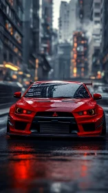 Red Mitsubishi sports car in rainy neon city street scene.