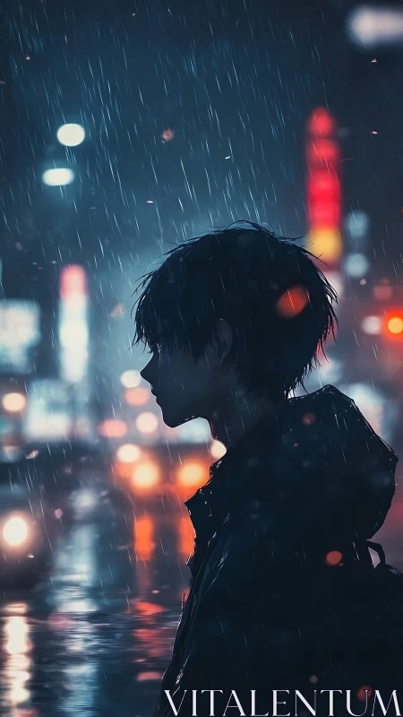 Silhouetted figure in rainy neon city street at night.