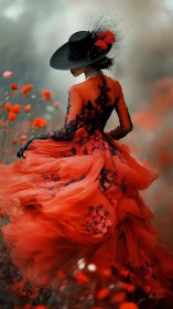 Cinematic study of scarlet tulle gown amid poppy field winds.