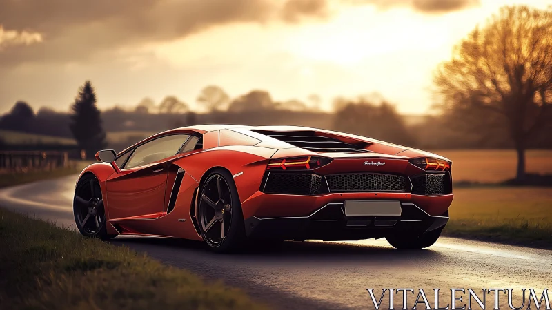 Sunlit red supercar on wet rural road at dusk.