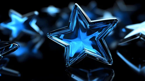 Shiny Blue Glass Star on Reflective Surface, Modern Digital Art.