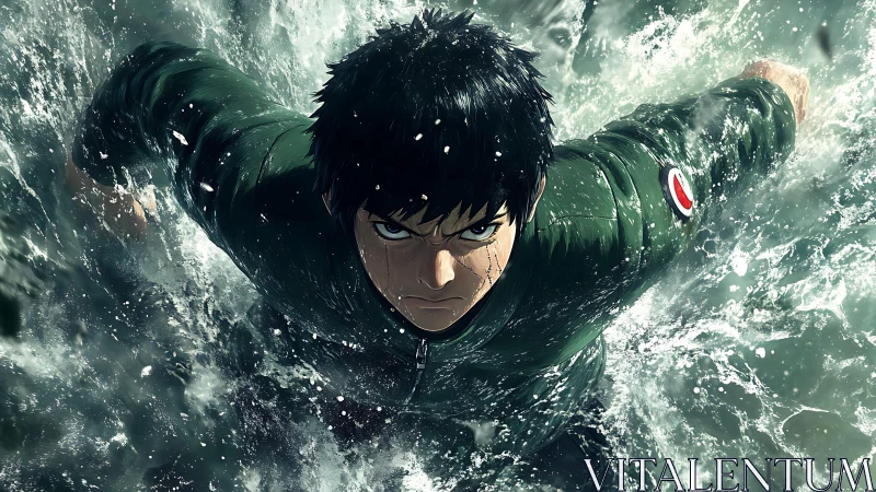 Dynamic anime fighter bursts through turbulent water in motion