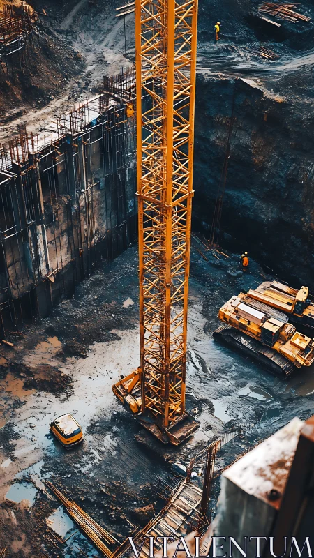 Urban excavation site with central tower crane structure.