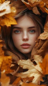 Autumn portrait with teal eyes framed by golden foliage.