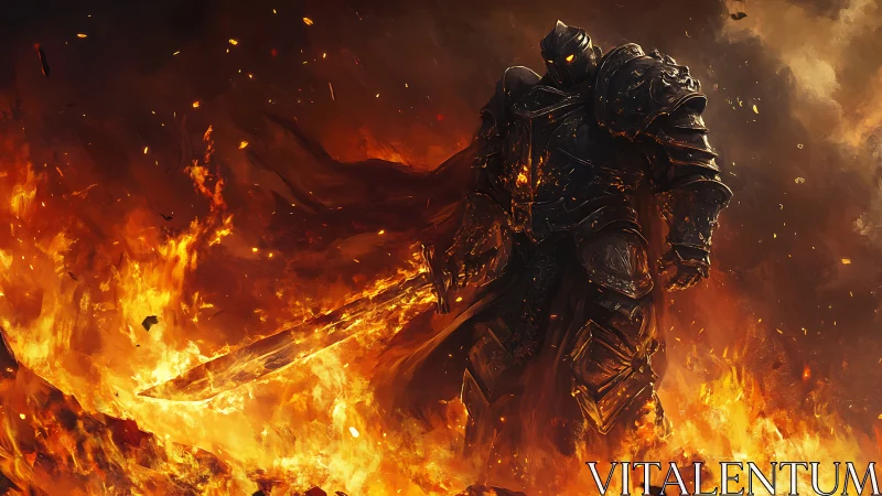 Infernal black knight strides through roaring battlefield fire.