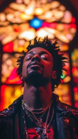 Portrait under stained glass glow with bold neon rim light.