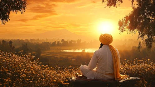 Turbaned figure observes golden-hour valley with atmospheric haze