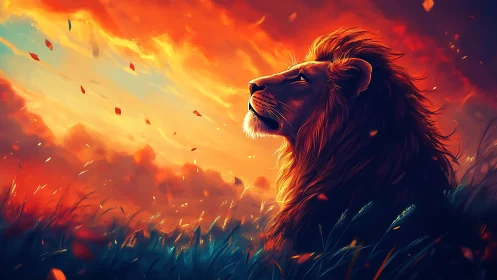 Lion in blazing twilight sky with glowing embers around.