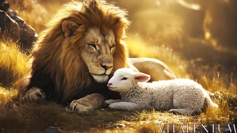 Lion and lamb rest in golden meadow light at sunset.