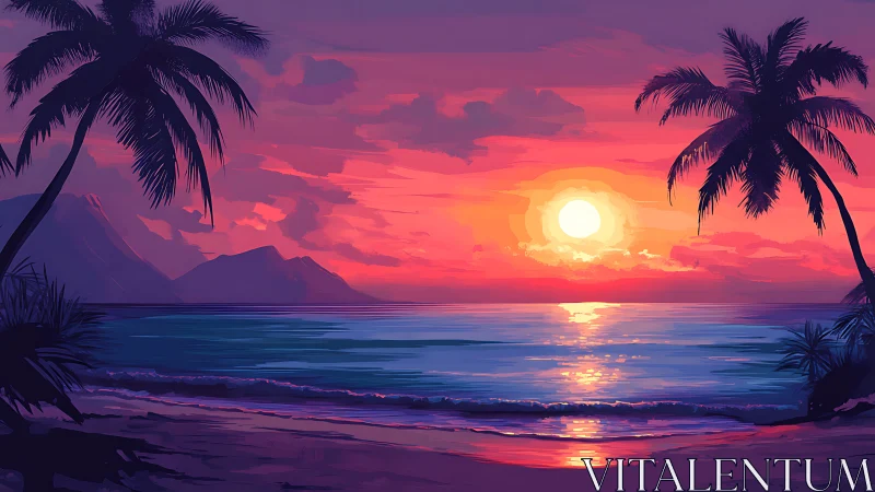 Sunset is depicted over calm ocean with silhouetted palms