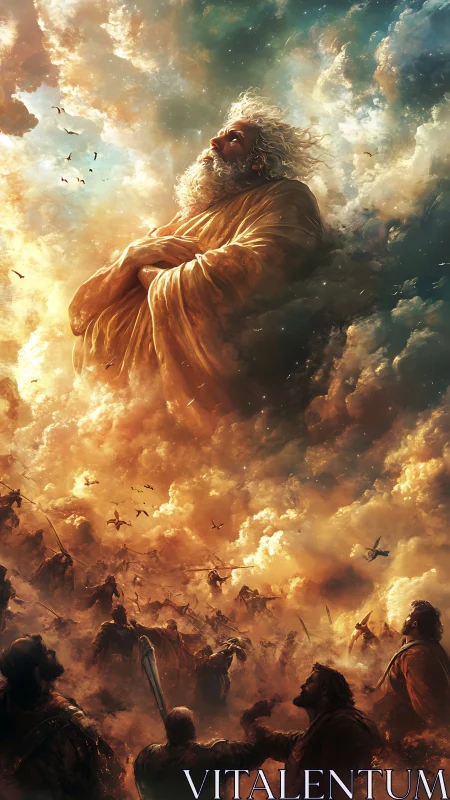 Gentle sky giant watching over a storm of tiny warriors.