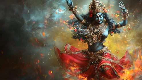 Hindu goddess figure in dynamic dance amid fire and smoke.