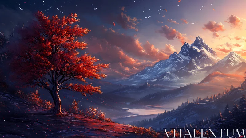Red tree stands before snow mountains at dramatic sunset