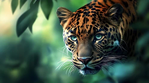 A Wild Leopard's Piercing Gaze Through Jungle Leaves.