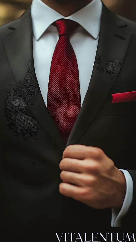 Sharp black suit with textured red tie and pocket square.