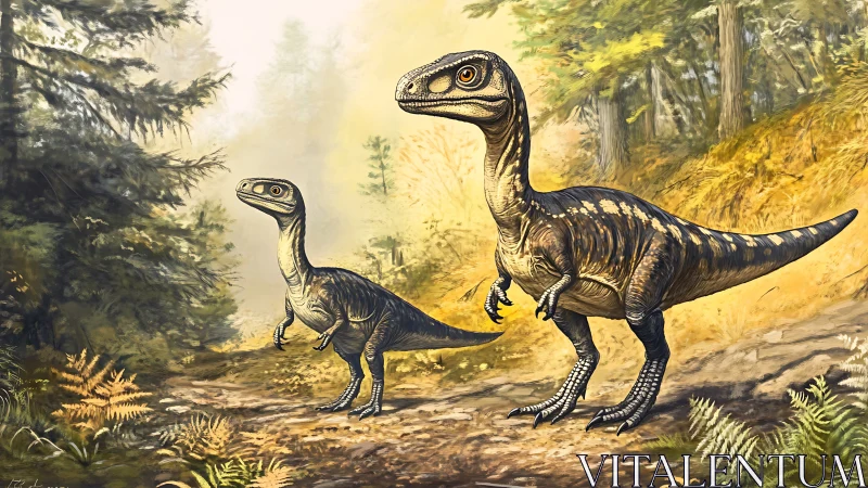 Juvenile theropod dinosaurs roaming sunlit forest path.