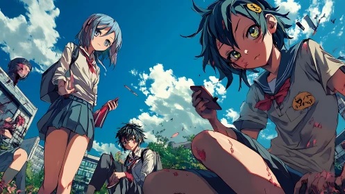 Dynamic low-angle anime tableau of wounded school teens outdoors.