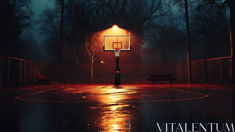 Rainlit basketball court glowing softly in the quiet night.