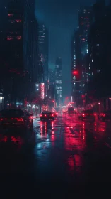 Neon-soaked rainy avenue under cyan and crimson glow.