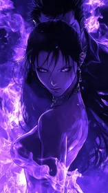 Enigmatic purple flame lovers wrapped in vivid neon glow.