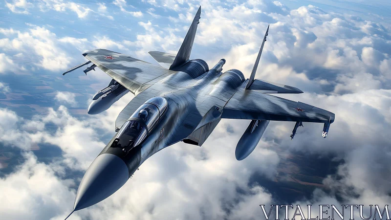 Twin‑engine tactical fighter jet above stratocumulus deck.