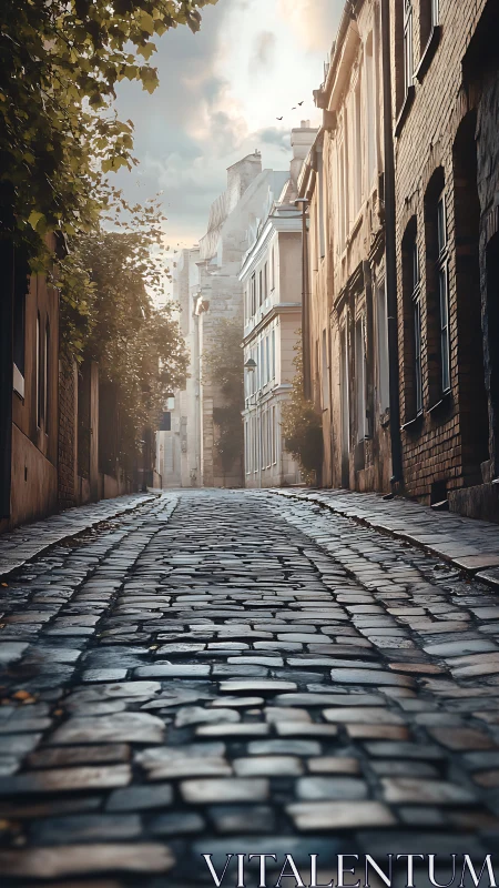 Cobblestone alleyway at dawn with soft atmospheric haze.